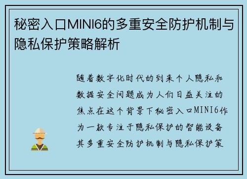 秘密入口MINI6的多重安全防护机制与隐私保护策略解析